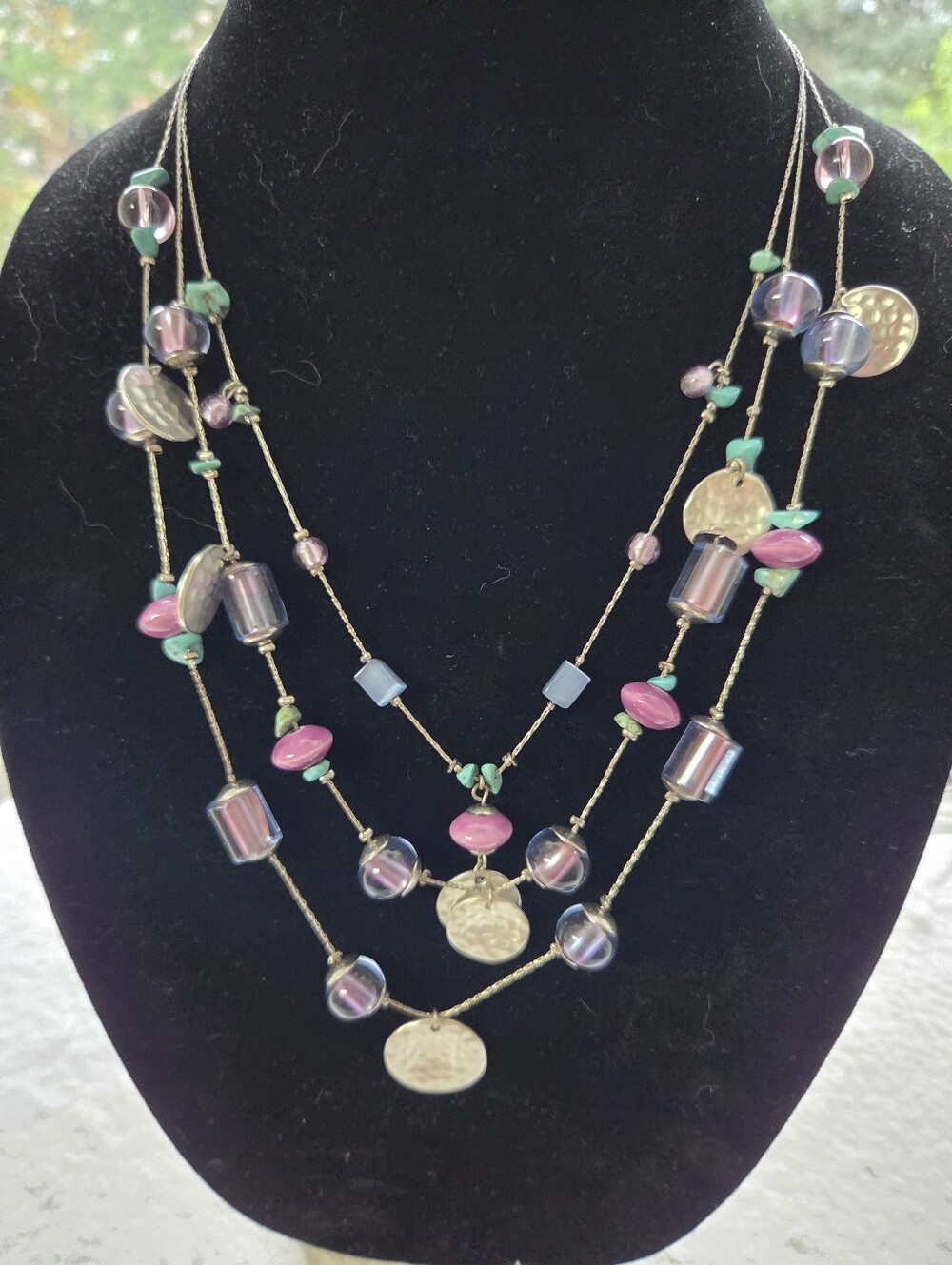 Multi-Strand Purple,Teal & Blue Beads Hamered Charms Necklace Silvertone